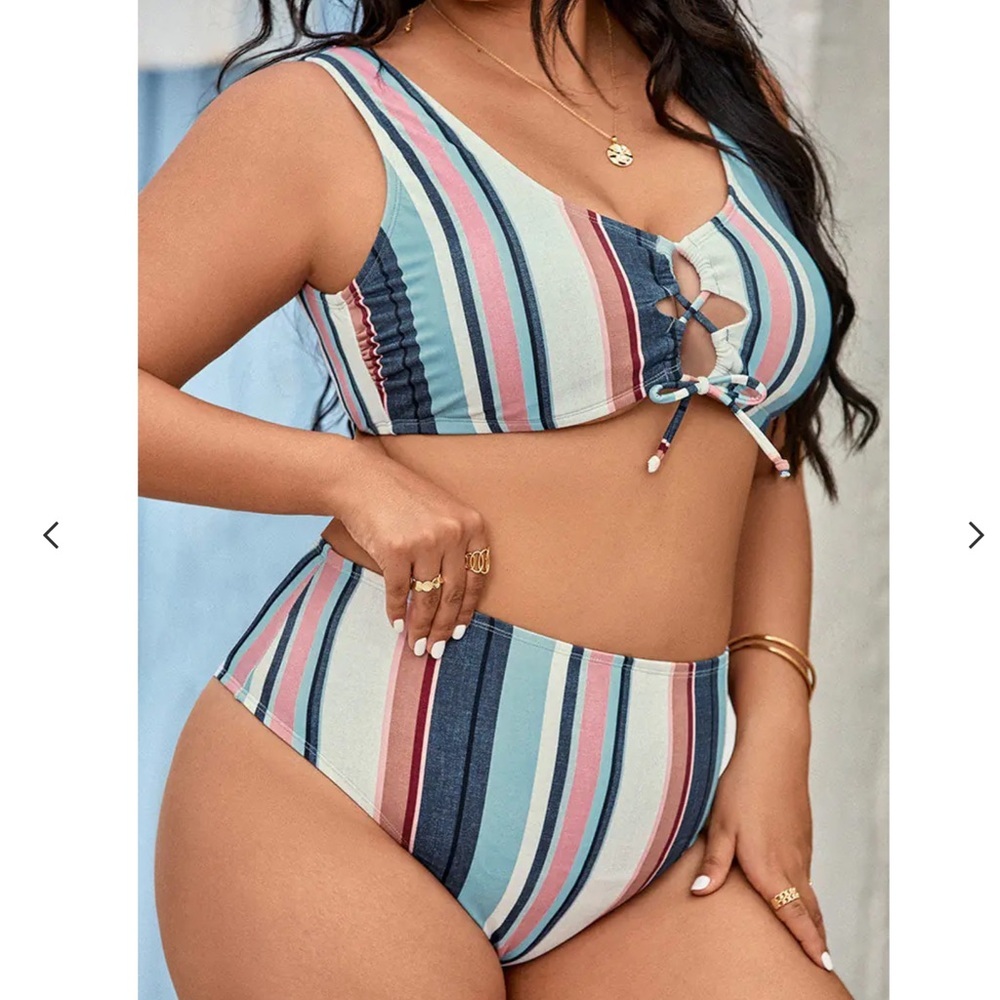Cupshe Wild Romance striped bikini with lace up bralette and high waist bottoms